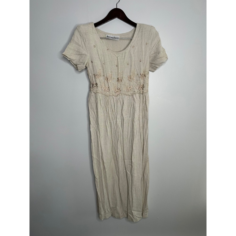 Another Thyme Vintage Maxi Dress Women Beige Gingham Embroidered Floral‎ Good